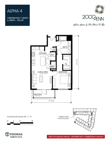 Alpha 4 floor plan showcasing 1 bedroom, 1 bath apartment with spacious living area and balcony, 724 sq ft.