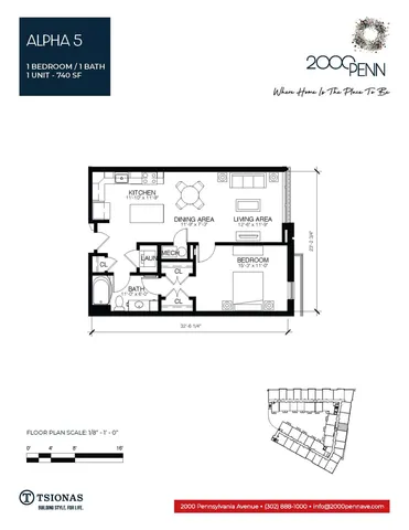 Modern Alpha 5 floor plan showcasing a cozy 1 bedroom, 1 bath layout with an open kitchen, dining, and living area, totaling 740 sq ft.