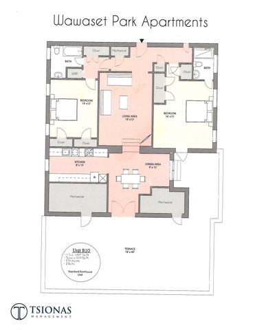 Wawaset Park Apartments floor plan showcasing a spacious 2-bedroom, 2-bath, penthouse unit with modern kitchen, dining area, and an expansive terrace, totaling 1607 sq ft.