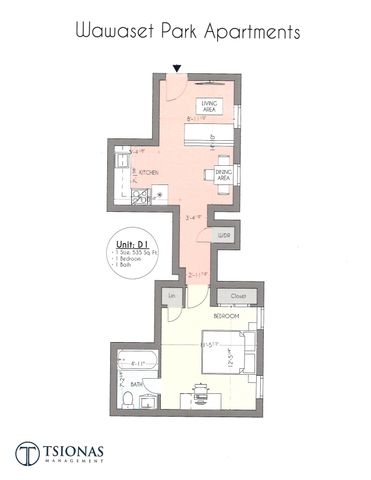 Wawaset Park Apartments floor plan for Unit D1 featuring 1 bedroom, 1 bath, and an open living/dining area within 535 sq. ft.