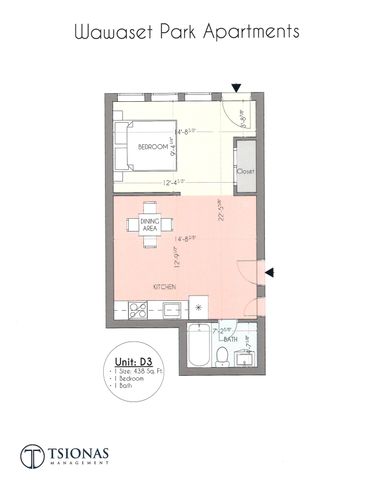 Charming Wawaset Park Apartments Unit D3 floor plan, featuring 1 bedroom, 1 bath, dining area, and kitchen in 438 sq ft of cozy living space.