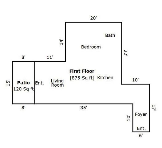 Inviting 2D floor plan featuring a spacious 1-bedroom layout, open living room, kitchen, and a charming 120 sq ft patio, perfect for relaxation. Total area of 875 sq ft offers modern convenience and style.