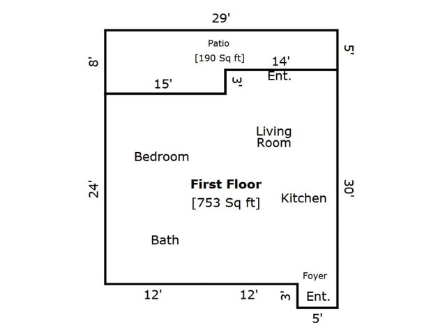 Charming floor plan featuring a spacious bedroom, inviting living room, and modern kitchen with a cozy patio. Total area of 753 sq ft.