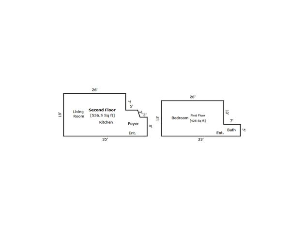 Charming two-story floor plan featuring a spacious second-floor living room and kitchen, totaling 556.5 sq ft, and a cozy first-floor bedroom with bath, covering 425 sq ft.