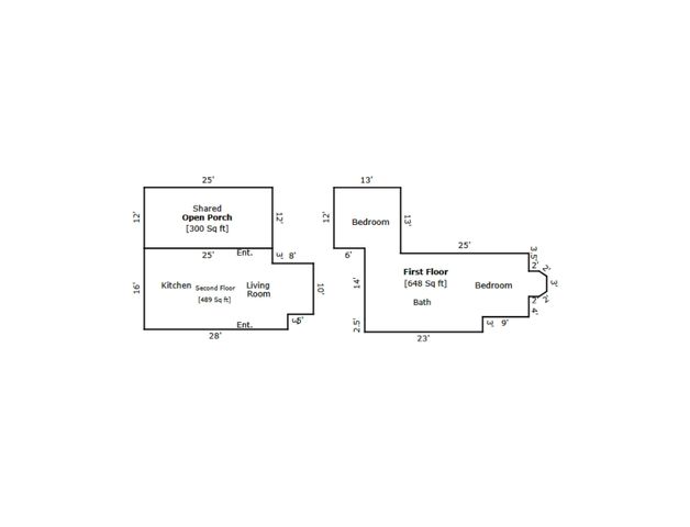 Charming floor plan with two bedrooms, a spacious living room, a modern kitchen on the second floor, and a shared open porch.
