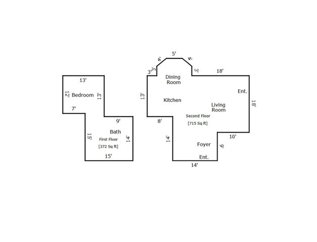 Inviting 2D floor plan showcasing a cozy 1-bedroom layout with a spacious living room, dining area, and modern kitchen. Includes a first floor bath and foyer for convenient entry, totaling 1087 sq ft across two floors.