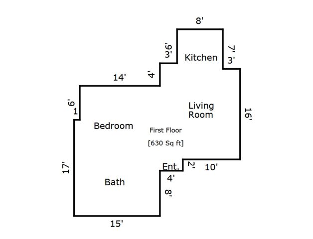 Efficient 630 sq ft floor plan with a cozy bedroom, well-appointed kitchen, and inviting living room area.