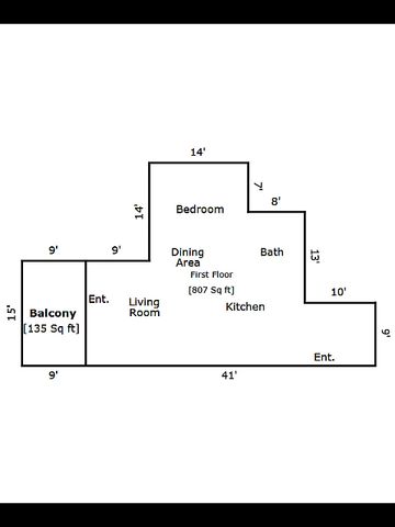Elegant floor plan showcasing a 1-bedroom layout with a living room, dining area, kitchen, and spacious balcony, totaling 807 sq ft.