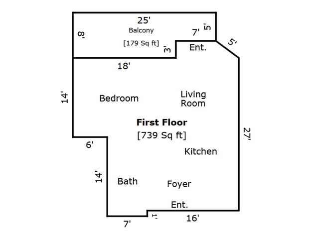 Inviting first-floor layout featuring a spacious living room, bedroom, kitchen, and balcony. Total area of 739 sq ft, includes a cozy balcony of 179 sq ft.