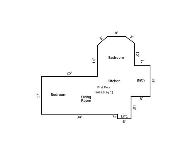 Inviting floor plan featuring 2 spacious bedrooms, a modern kitchen, and a cozy living room, spanning 1085.5 sq ft.
