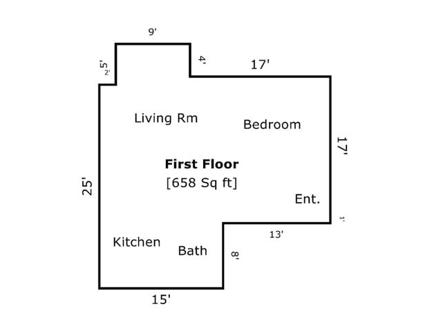 Charming first-floor layout with a spacious living room, cozy bedroom, modern kitchen, and bathroom in 658 sq ft.