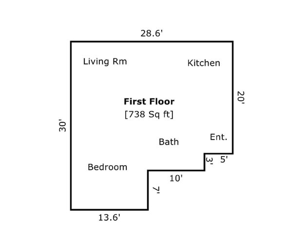 Inviting first-floor layout featuring a spacious living room and kitchen, one cozy bedroom, a bath, and an entrance. Total area of 738 sq ft.