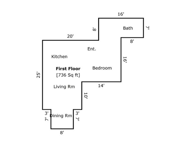 Inviting first-floor layout with a spacious living room, cozy bedroom, kitchen, dining room, and bath, spanning 736 sq ft.