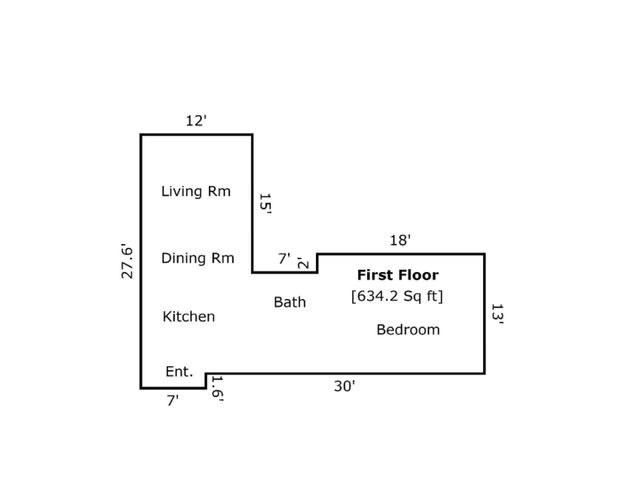 Contemporary first floor plan featuring a spacious living room, dining area, and kitchen. Includes one bedroom, bath, and entrance, covering 634.2 sq ft.