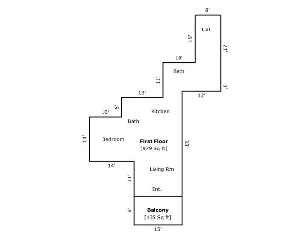Inviting floor plan of a 979 sq ft first floor featuring a cozy bedroom, kitchen, and spacious living room, complete with a balcony for outdoor relaxation.