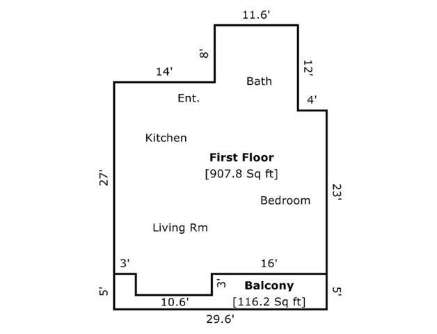 Contemporary first floor plan showcasing a large bedroom, expansive kitchen, and inviting living room with a spacious balcony, totaling 1024 sq ft.