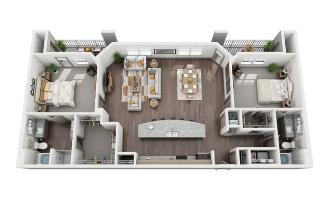 Elegant floor plan showcasing two spacious bedrooms, open-concept living and dining area, modern kitchen with an island, and two chic bathrooms, perfect for comfortable living.