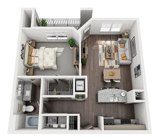 Modern 3D floor plan showcasing a cozy one-bedroom apartment with an open-concept living and dining area, stylish kitchen, and private balcony.