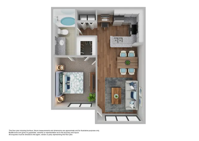 Modern 3D floor plan showcasing a cozy one-bedroom apartment with an open-concept living and dining area, stylish kitchen, and elegant bathroom.