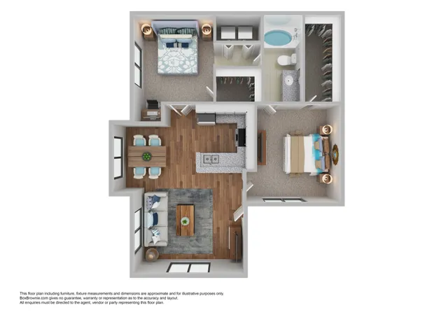 Modern floor plan with 2 bedrooms, sleek kitchen, spacious living area, dining nook, and elegant bathroom.