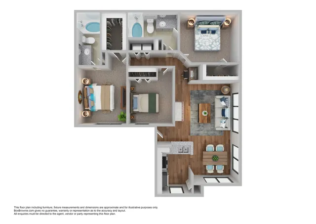 Inviting 3D floor plan showcasing a modern apartment with three cozy bedrooms, two elegant bathrooms, a stylish open-concept living area with large windows, and a contemporary kitchen with adjacent dining space.