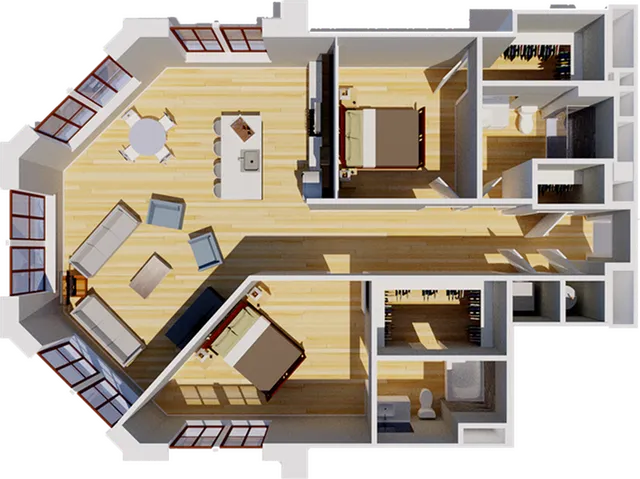 Elegant 3D floor plan showcasing 2 bedrooms, a spacious open-concept living area, dining nook, and modern kitchen.