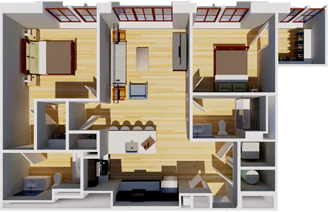 Elegant 3D floor plan showcasing 2 cozy bedrooms, a modern open-concept living area, and a sleek kitchen with bar seating, perfect for stylish urban living.