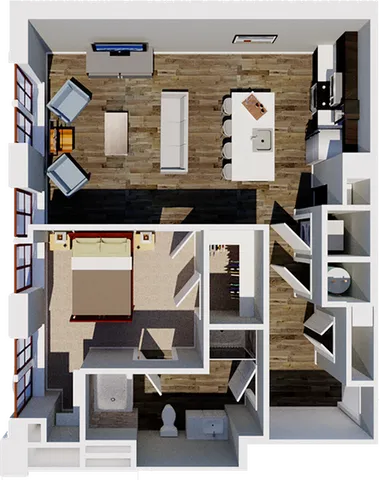 Modern 1-bedroom apartment floor plan showcasing open-concept living room and kitchen with stylish seating area, spacious bedroom, and elegant bathroom layout.