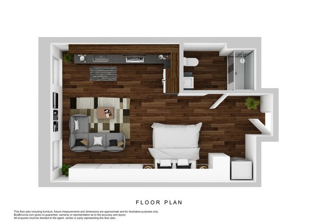 Modern studio apartment floor plan featuring an open-concept living area, sleek kitchen, and cozy bedroom with en-suite bathroom.