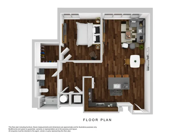 Sleek and modern 2D floor plan showcasing 1 bedroom, open-concept living room, and stylish kitchen with breakfast bar.