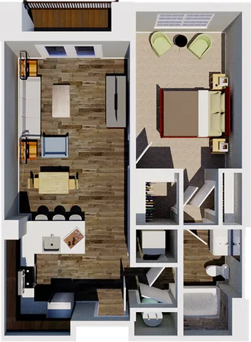 Modern floor plan showcasing a cozy 1-bedroom apartment with spacious living area, stylish open kitchen, and elegant bathroom.