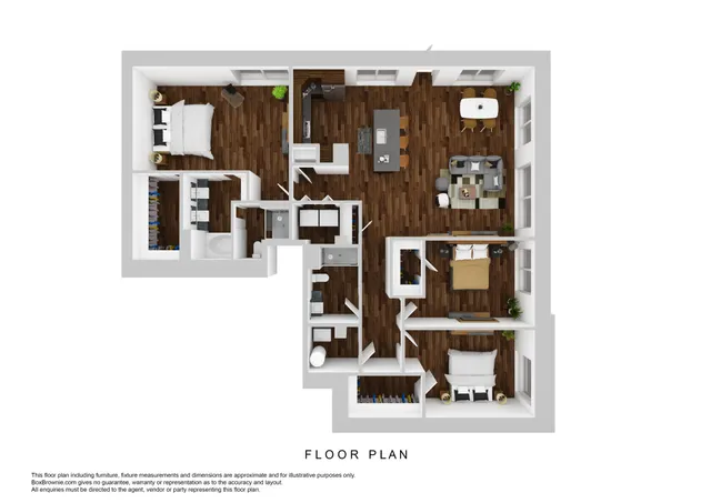 Modern 3D floor plan showcasing a chic apartment with two bedrooms, a luxurious open living area, and a sleek kitchen.