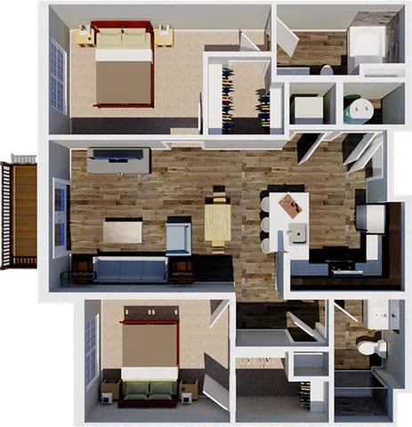 Modern 2D floor plan showcasing two elegant bedrooms, an open living room, stylish dining area, and a sleek kitchen design.