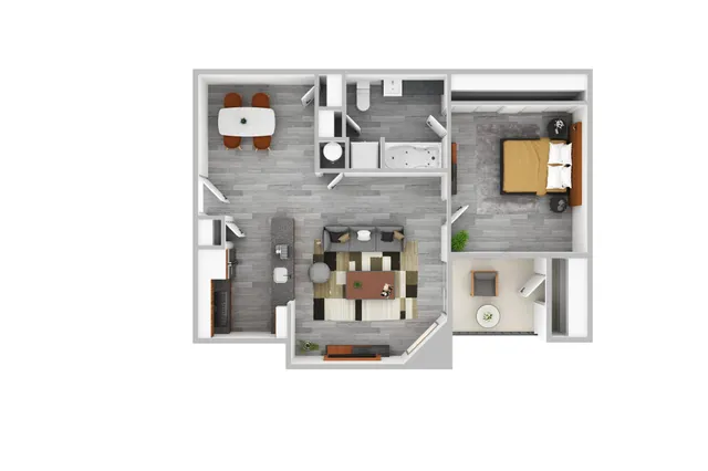 Modern 2D floor plan showcasing a 1-bedroom apartment with a spacious living room, open kitchen, and stylish dining area.