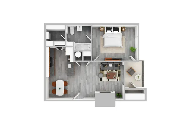 Modern 3D apartment floor plan with spacious bedroom, cozy living area, and elegant dining space.