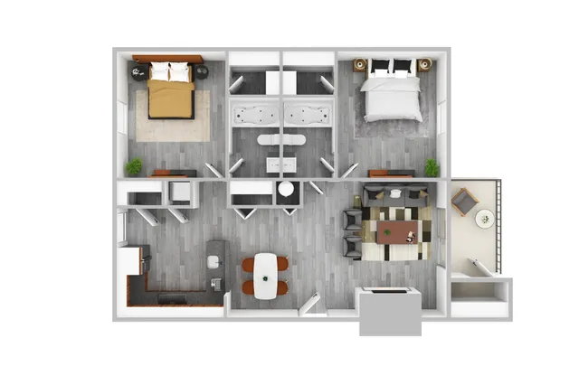 Modern apartment floor plan featuring 2 bedrooms, 2 bathrooms, open living and dining area, gourmet kitchen, and private balcony.