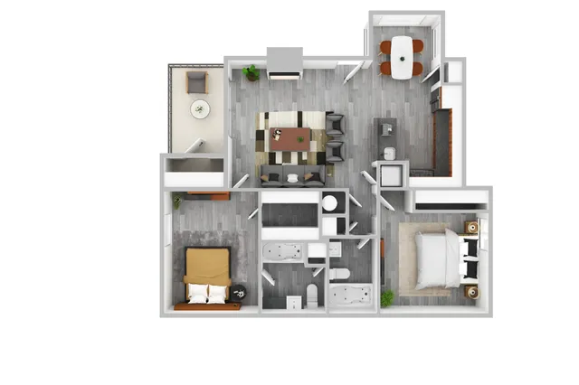 Modern 2D floor plan with 2 bedrooms, stylish open-concept living area, elegant dining space, and spacious balcony.
