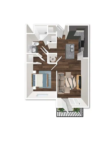 Modern floor plan showcasing 1 bedroom, elegant open kitchen, inviting living area, and cozy balcony retreat.