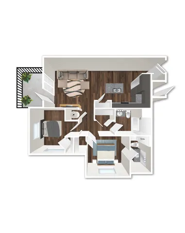 Modern 2D floor plan displaying 2 cozy bedrooms, elegant hardwood flooring, a sleek kitchen, and an inviting living room with access to a private patio.