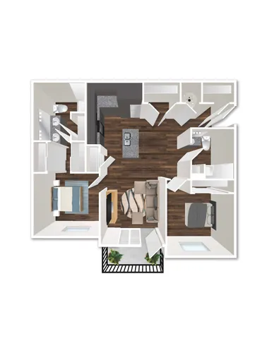Chic open-concept floor plan with 2 bedrooms, stylish kitchen, and cozy living area with modern finishes.