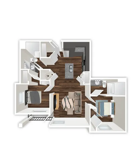 Modern apartment floor plan showcasing two bedrooms, a spacious living room, well-designed kitchen, and two bathrooms with hardwood floors.