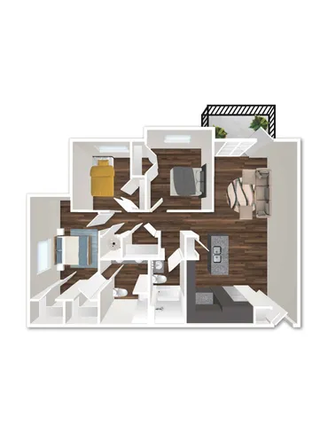 Modern 3D floor plan showcasing a stylish apartment with three bedrooms, an open-concept living area, and a cozy balcony.