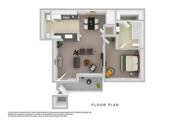 Modern 3D floor plan showcasing a spacious 1-bedroom apartment with open living area and stylish kitchen.
