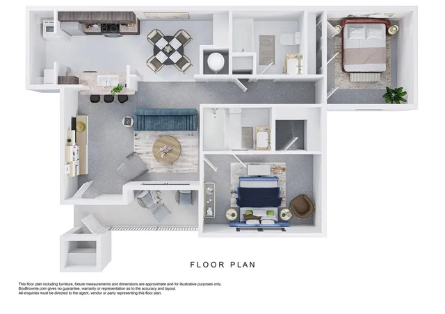 Modern floor plan showcasing an elegant apartment with two bedrooms, an open-concept living area, and a stylish kitchen with dining space.