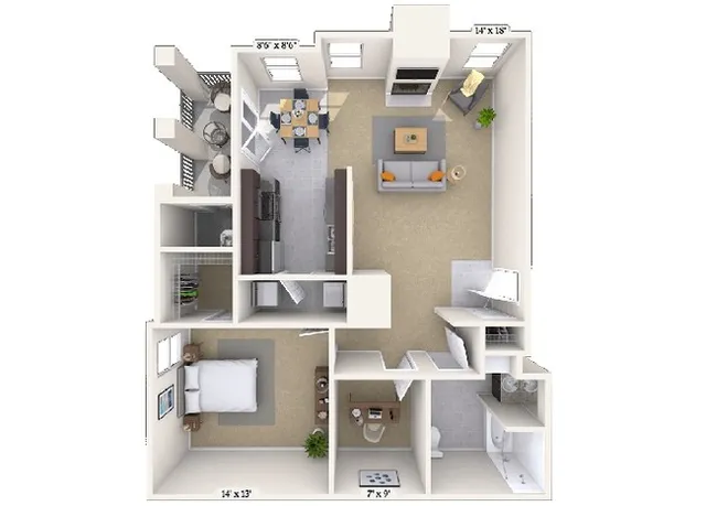 Modern 3D floor plan featuring a spacious bedroom, cozy living area, open dining space, and sleek bathroom with balcony access.