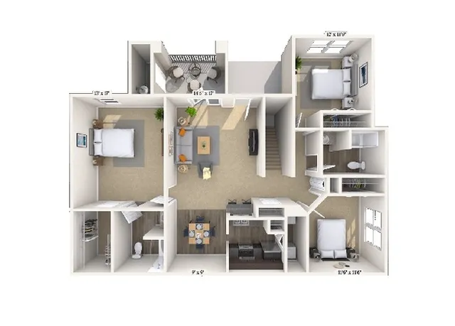 Inviting 3D floor plan showcasing 3 bedrooms, a cozy living area, modern kitchen, and a charming balcony space.
