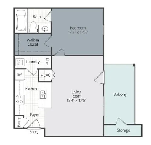 Modern floor plan highlighting a spacious 1-bedroom layout with walk-in closet, open kitchen, large living room, and a private balcony.
