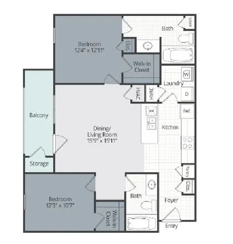 Elegant apartment floor plan showcasing 2 spacious bedrooms, open-concept dining and living room, modern kitchen, and a charming balcony.