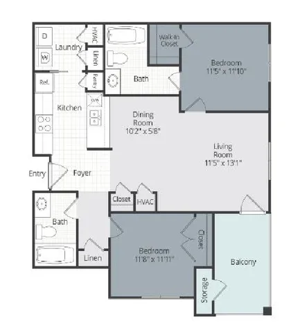 Inviting floor plan with 2 bedrooms, spacious living room, modern kitchen, and private balcony.