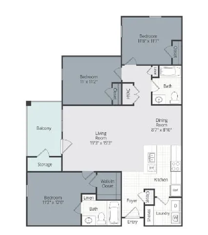 Modern apartment floor plan featuring 3 spacious bedrooms, open-concept living and dining area, cozy balcony, and convenient storage space.